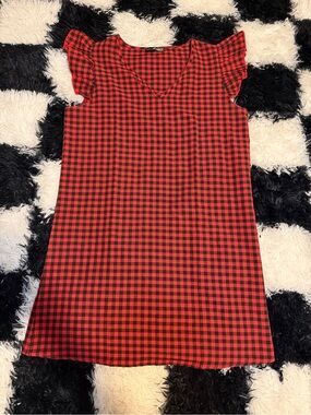 Red & Black Gingham Flutter-Sleeve Dress